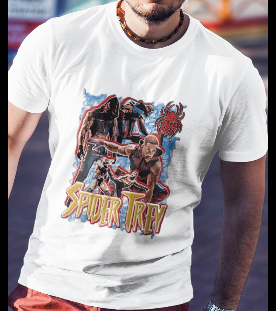 Spider Trey Professional Wrestler Action Collage With Blue Smoke And Red Spider T-Shirt