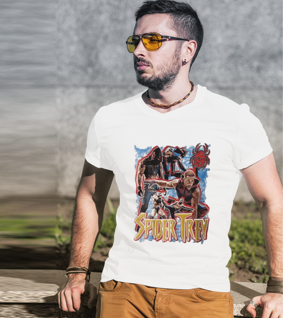 Spider Trey Professional Wrestler Action Collage With Blue Smoke And Red Spider T-Shirt