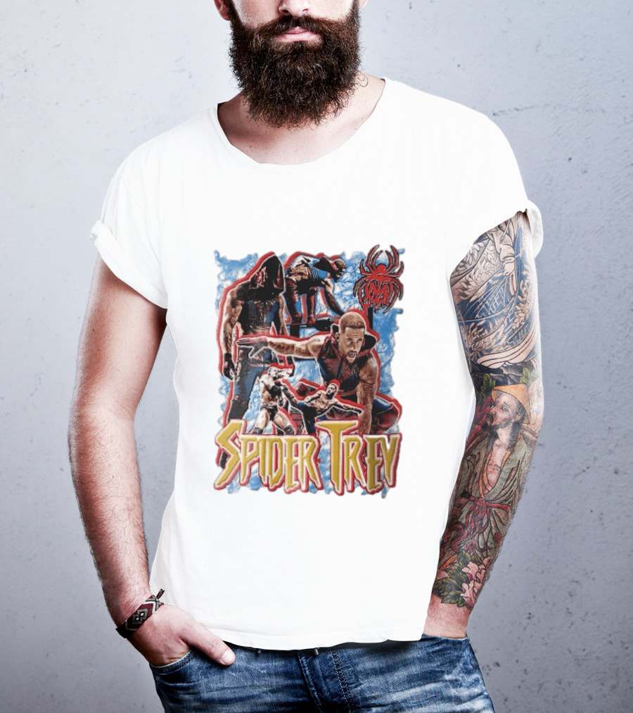 Spider Trey Professional Wrestler Action Collage With Blue Smoke And Red Spider T-Shirt