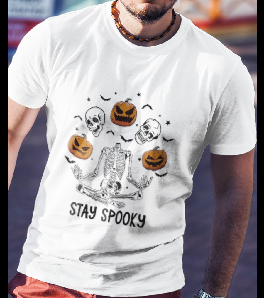 Stay Spooky Headless Skeleton Meditating Floating Skulls Pumpkins Bats Halloween T-Shirt