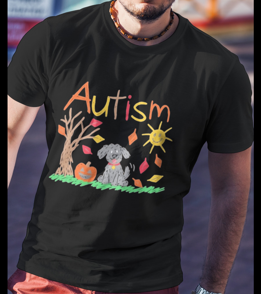 Autism Awareness Fall Puppy Pumpkin Autumn Leaves Sun Drawing T-Shirt