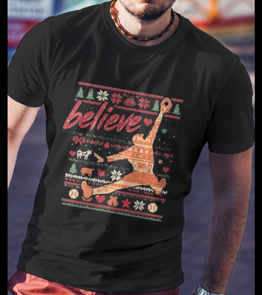 Believe Orioles Air Cowser Ugly Christmas Festive Sweater Baseball Catch T-Shirt