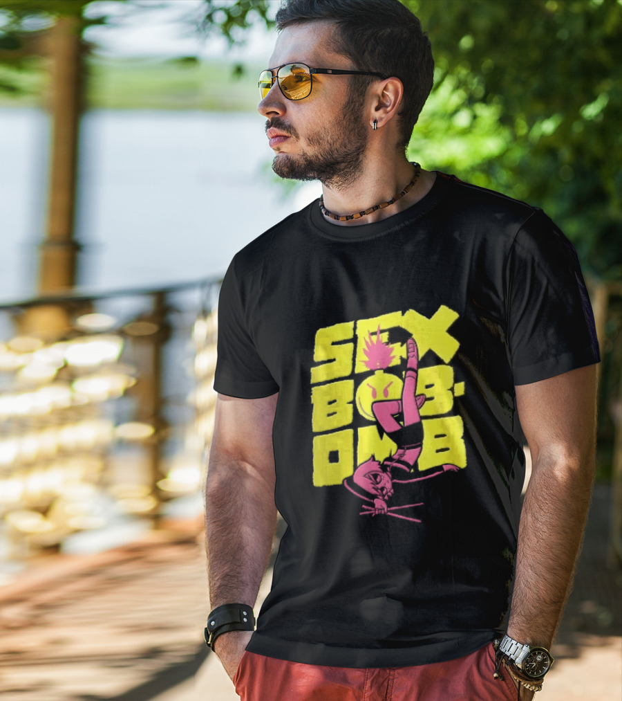 Sex Bob Omb Inverted Pink Cartoon Drummer With Drumsticks Bold Yellow T-Shirt