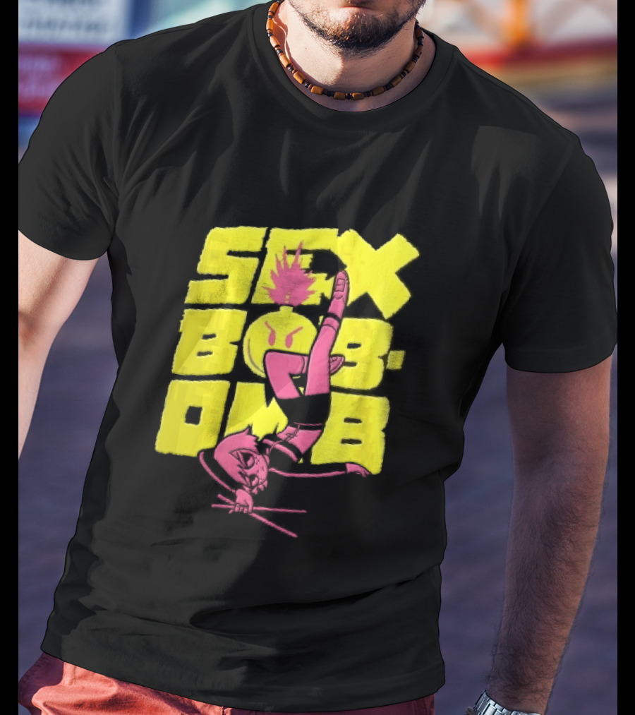 Sex Bob Omb Inverted Pink Cartoon Drummer With Drumsticks Bold Yellow T-Shirt