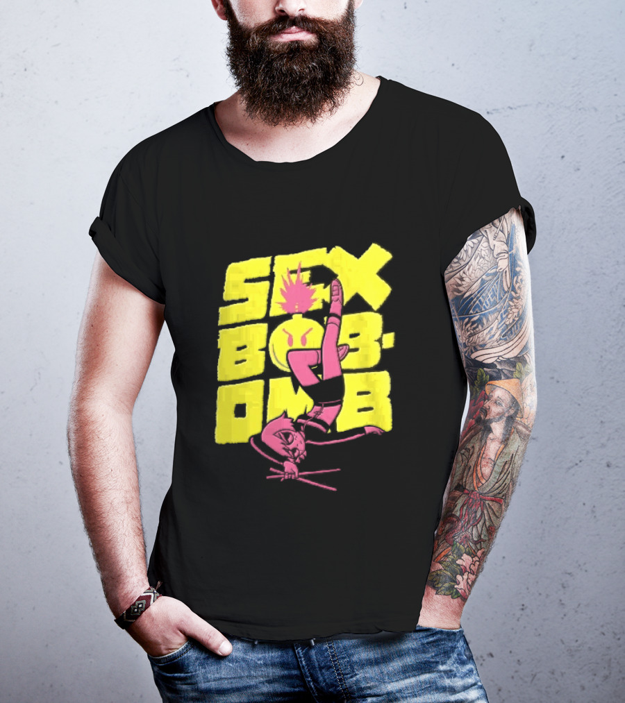 Sex Bob Omb Inverted Pink Cartoon Drummer With Drumsticks Bold Yellow T-Shirt