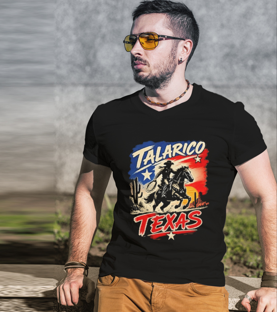 Talarico Texas Cowboy Riding Silhouette With Lone Star And Cactus T-Shirt