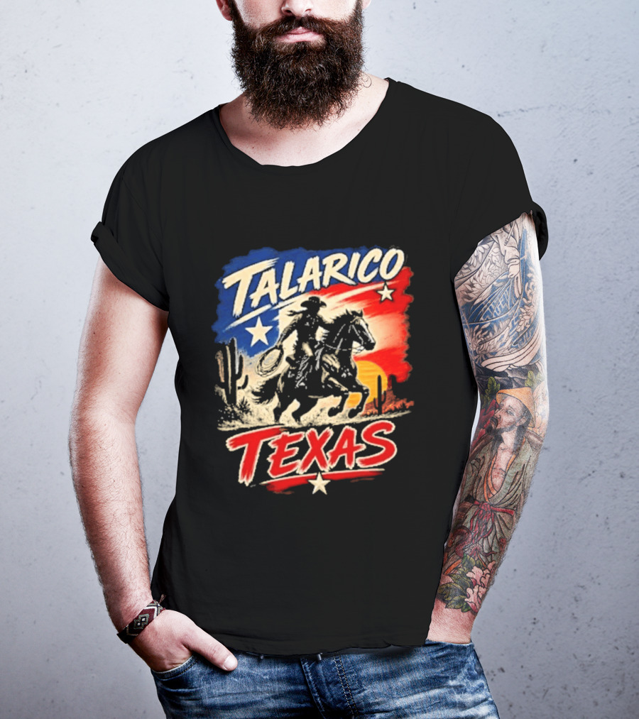 Talarico Texas Cowboy Riding Silhouette With Lone Star And Cactus T-Shirt