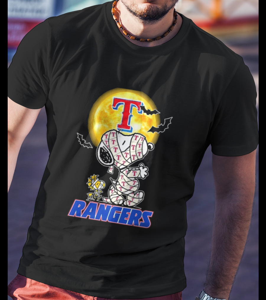 Texas Rangers Snoopy Woodstock Mummy Halloween Collaboration T-Shirt