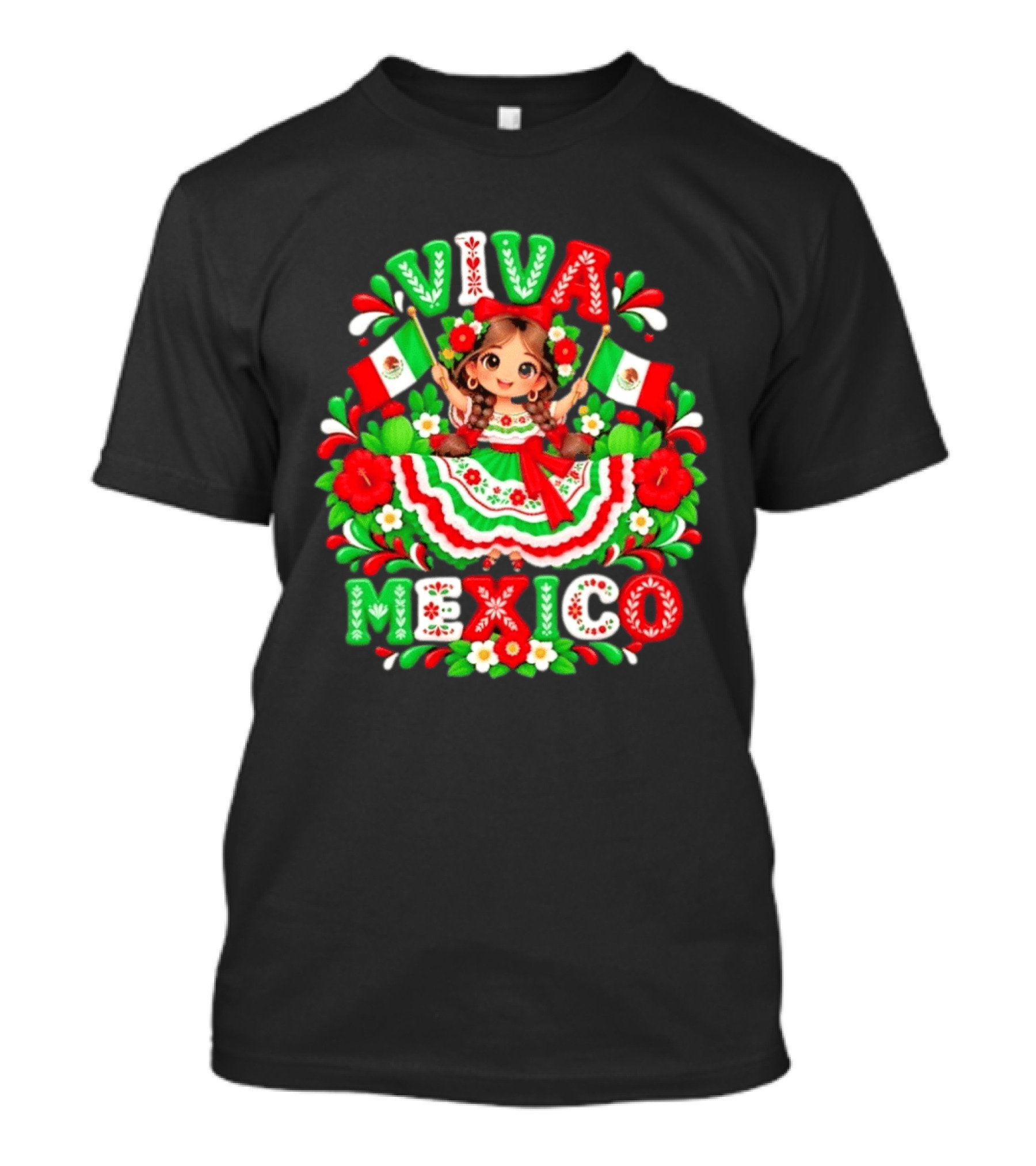 Viva Mexico Girl Festive Mexican Flags Floral Celebration T-Shirt