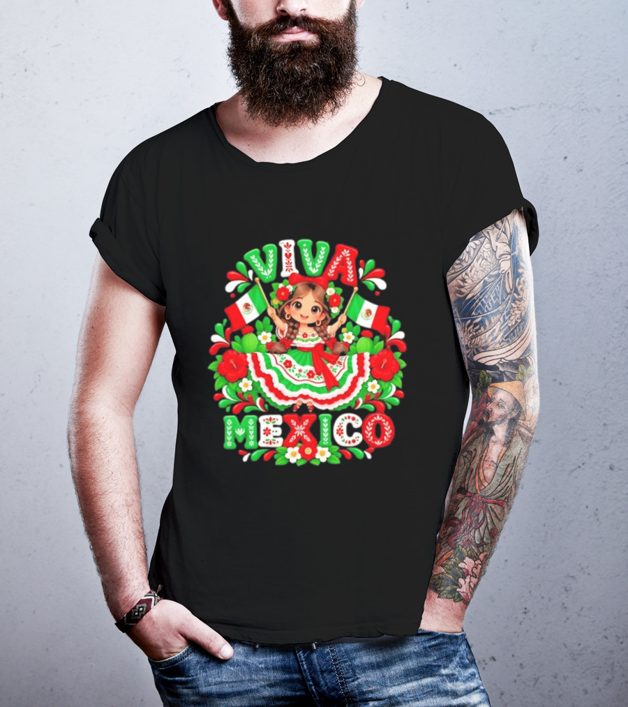 Viva Mexico Girl Festive Mexican Flags Floral Celebration T-Shirt