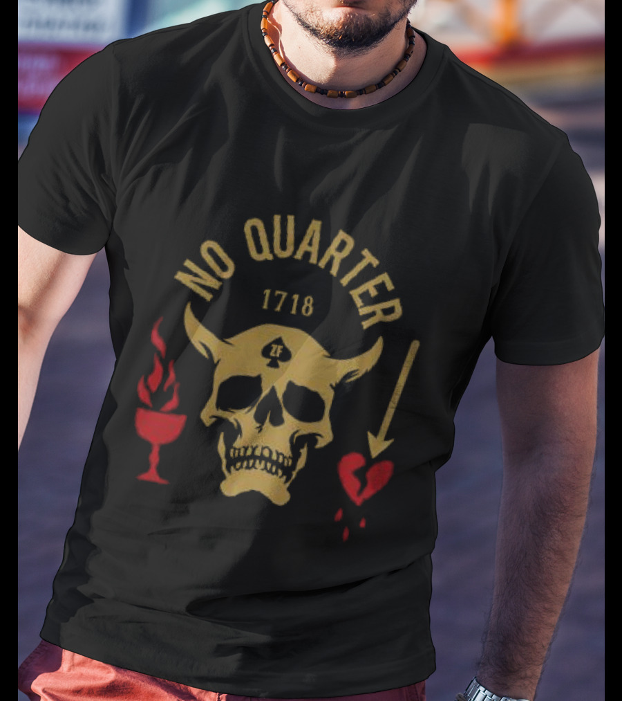 No Quarter 1718 Skull Red Heart Flame Arrow T-Shirt