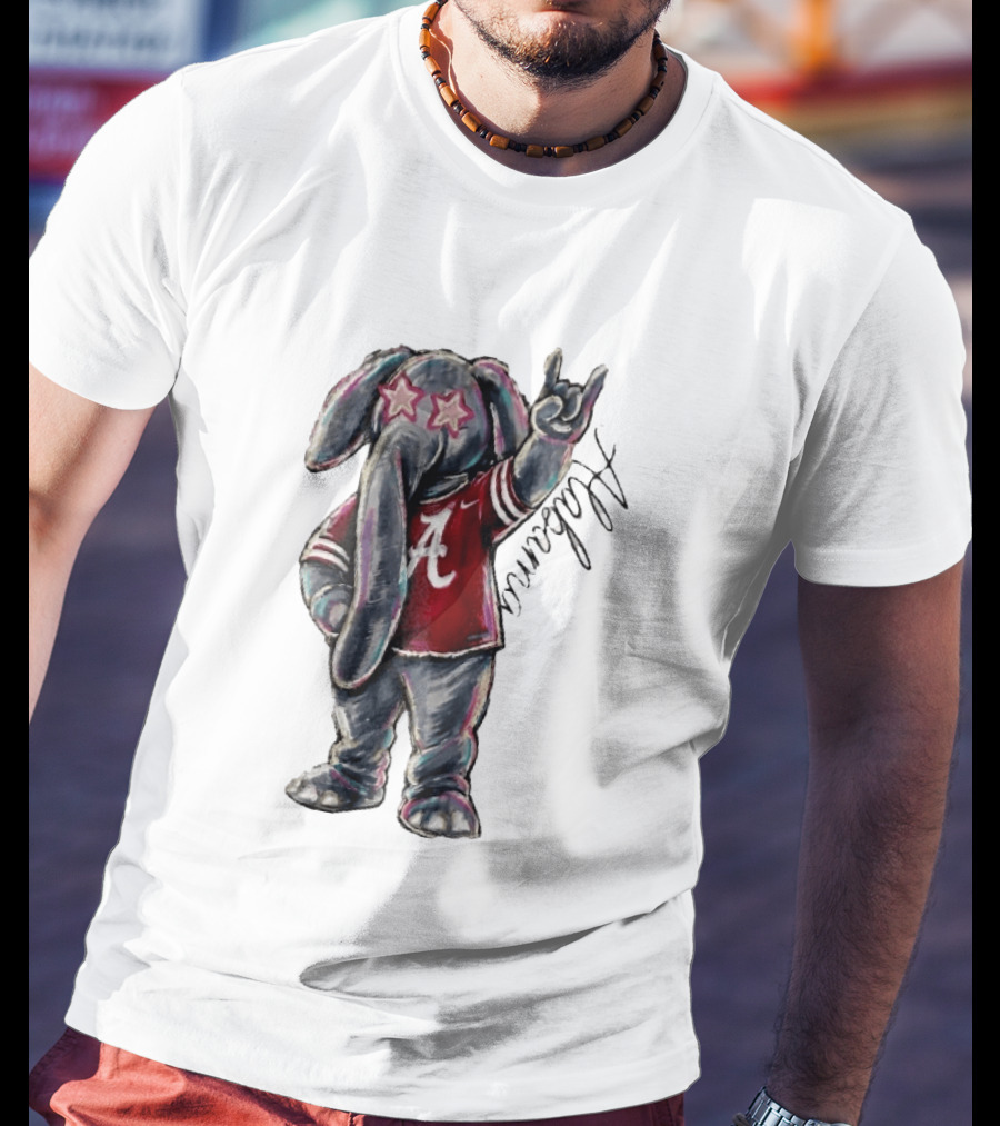 Alabama Crimson Tide Elephant Pink Star Glasses Hand Sign Sketch T-Shirt