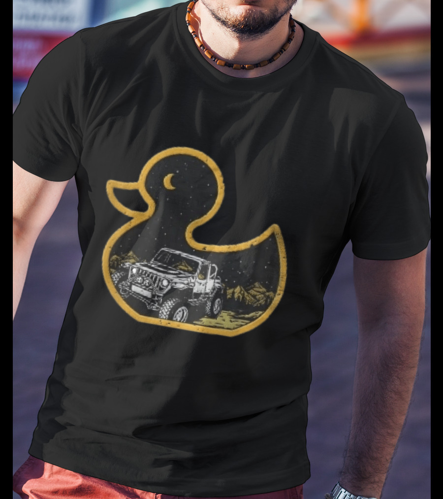Distressed Yellow Duck Jeep Mountains Night Sky Crescent Moon T-Shirt