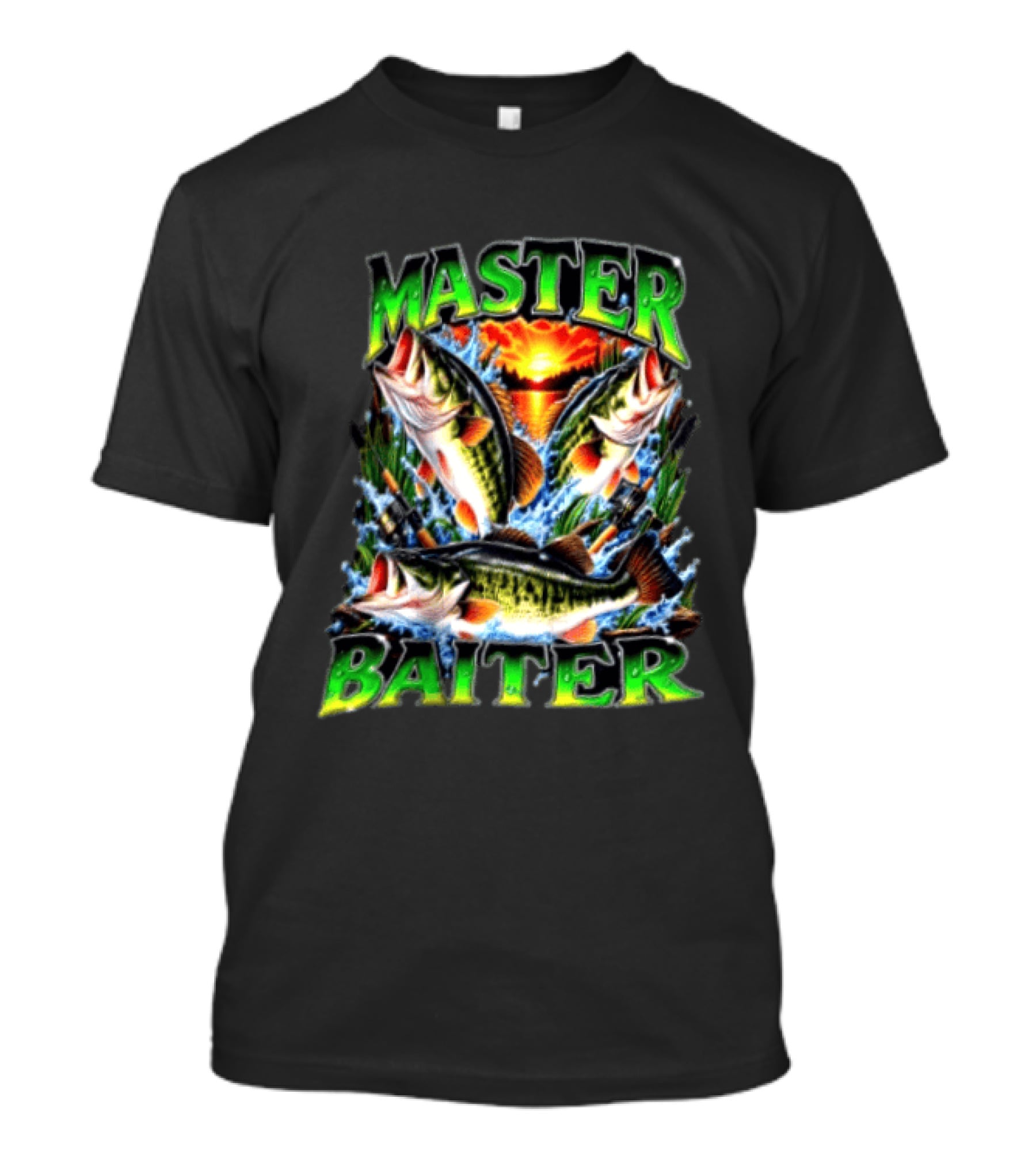 Master Baiter Fishing Large Mouth Bass Sunset Scene T-Shirt