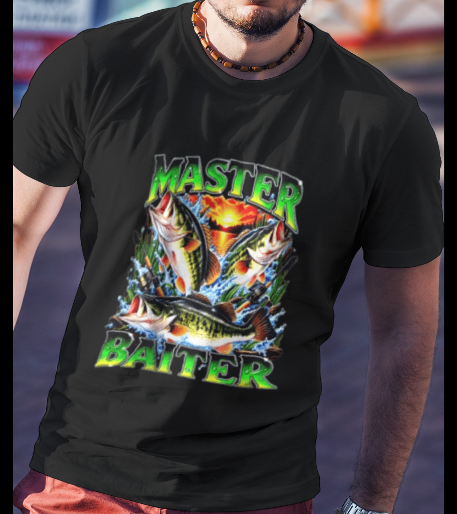 Master Baiter Fishing Large Mouth Bass Sunset Scene T-Shirt