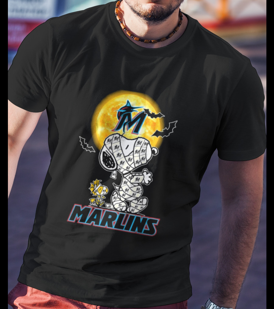 Miami Marlins Snoopy Woodstock Mummy Halloween Moon T-Shirt