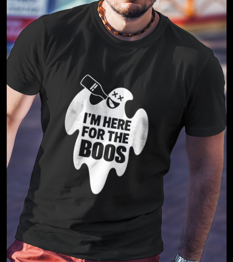 I'm Here For The Boos Cartoon Ghost Drinking Alcohol Bottle T-Shirt