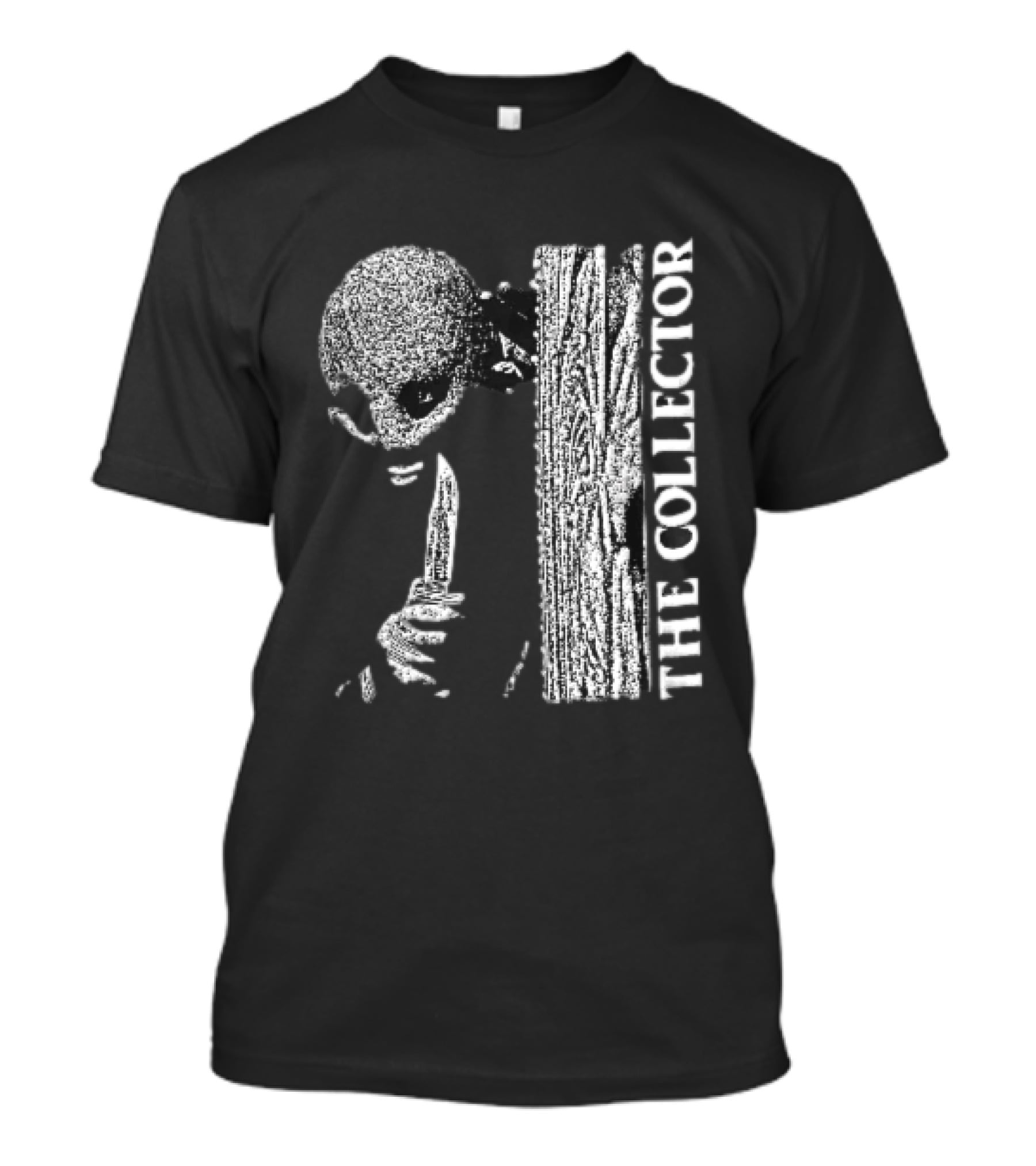 The Collector Masked Figure Knife Wooden Door Peeking Halftone T-Shirt