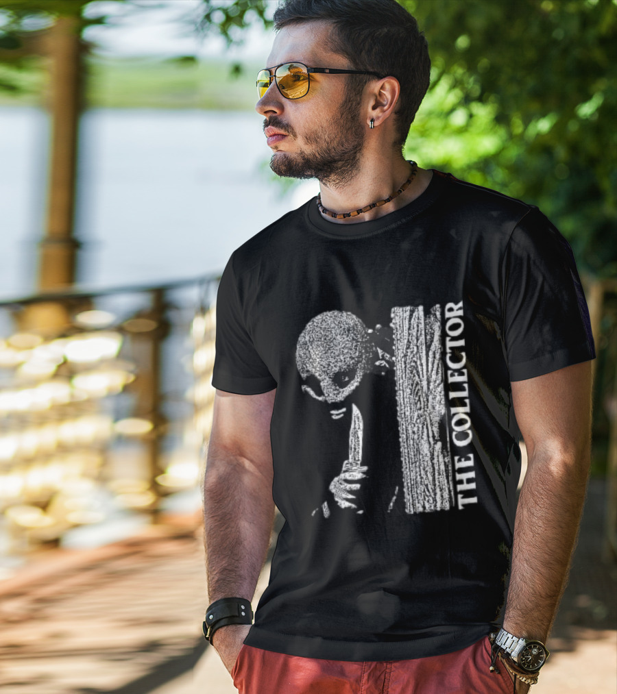The Collector Masked Figure Knife Wooden Door Peeking Halftone T-Shirt