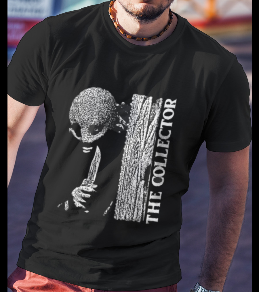 The Collector Masked Figure Knife Wooden Door Peeking Halftone T-Shirt