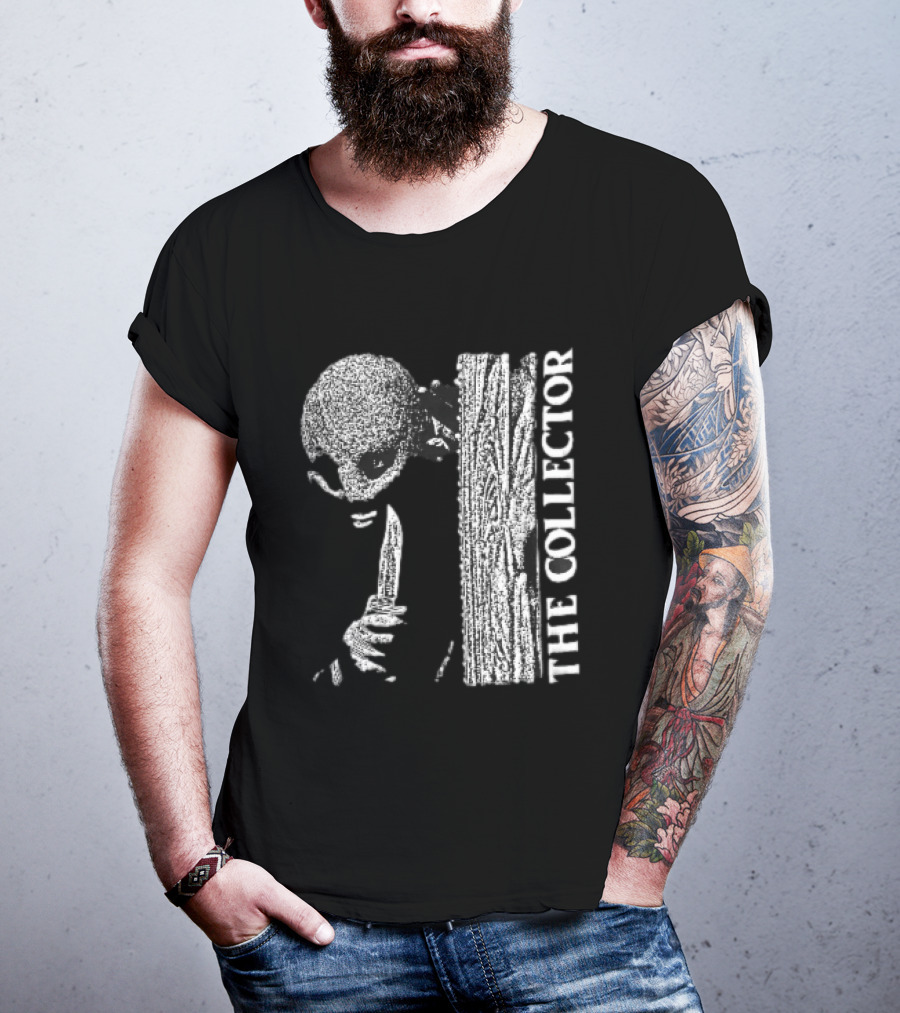 The Collector Masked Figure Knife Wooden Door Peeking Halftone T-Shirt