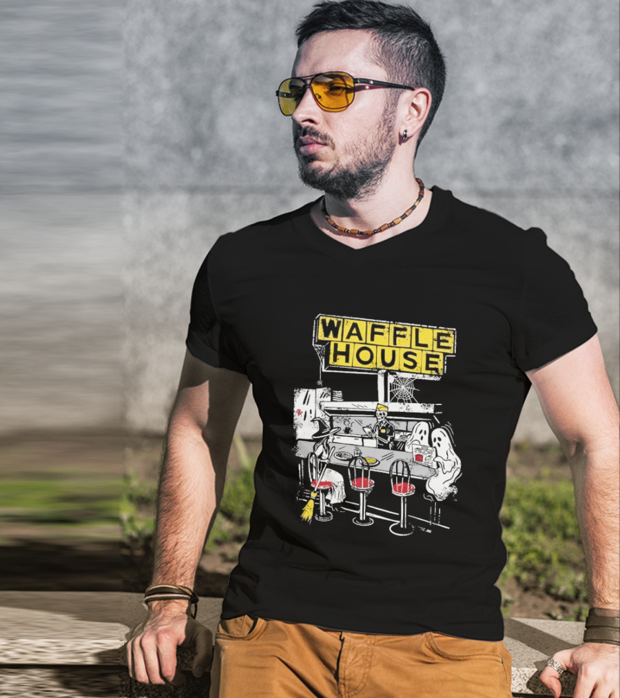 Waffle House Wafflehaunted House Ghostly Diner Scene Halloween T-Shirt