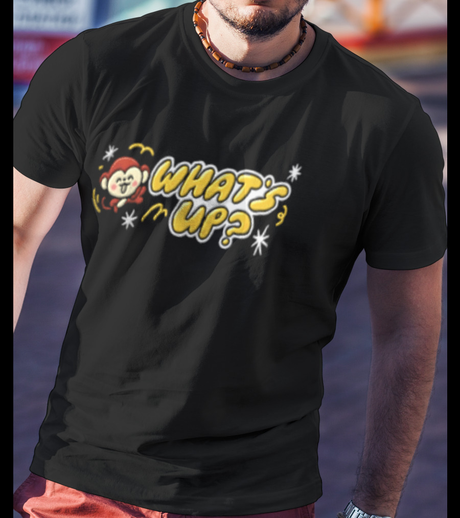 What's Up Cartoon Monkey Waving White Sparkles Squiggles T-Shirt