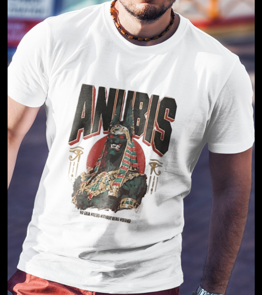 Anubis Jackal Headed Egyptian God Distressed No Soul Passes Without Being Weighed Sun T-Shirt