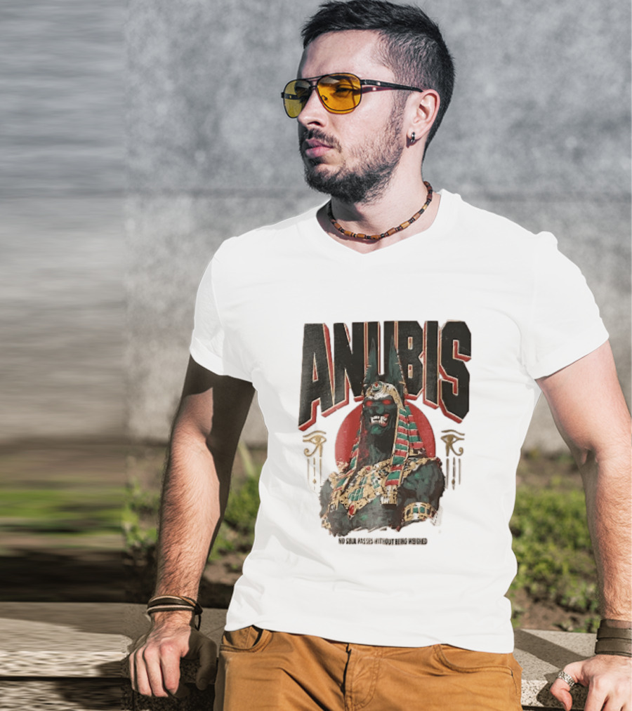 Anubis Jackal Headed Egyptian God Distressed No Soul Passes Without Being Weighed Sun T-Shirt