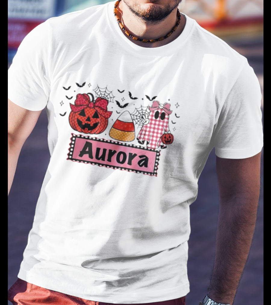 Aurora Halloween Pumpkin Ghost Candy Corn And Spiderwebs T-Shirt