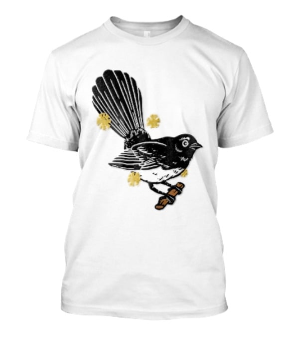Black White Linocut Fantail Bird Branch Yellow Flowers T-Shirt