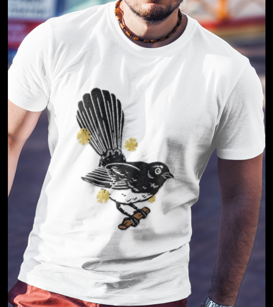 Black White Linocut Fantail Bird Branch Yellow Flowers T-Shirt