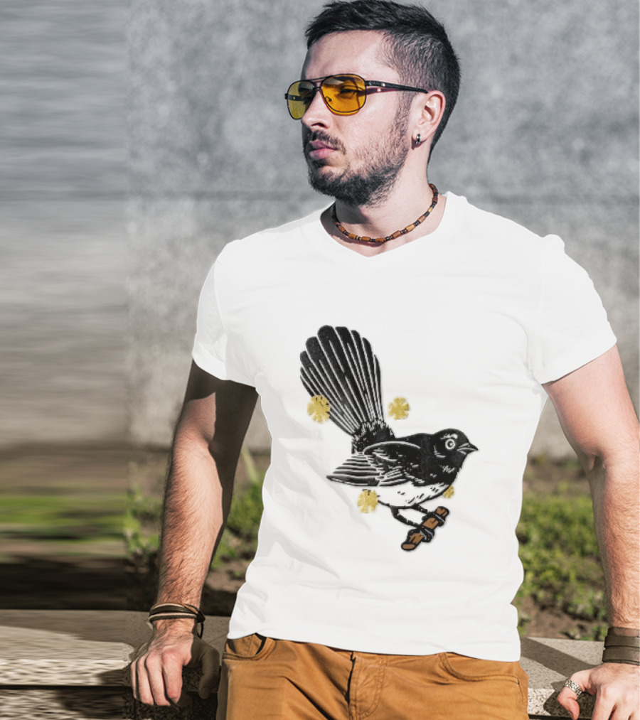 Black White Linocut Fantail Bird Branch Yellow Flowers T-Shirt