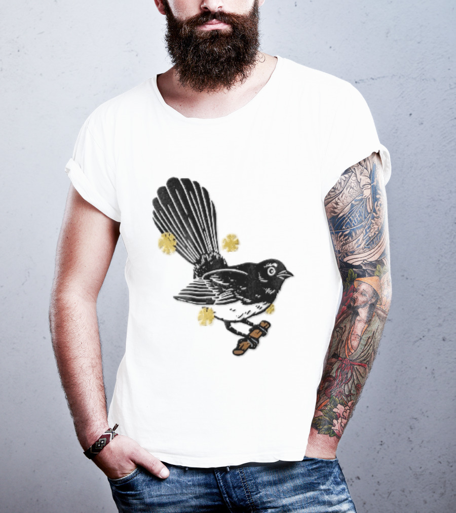 Black White Linocut Fantail Bird Branch Yellow Flowers T-Shirt