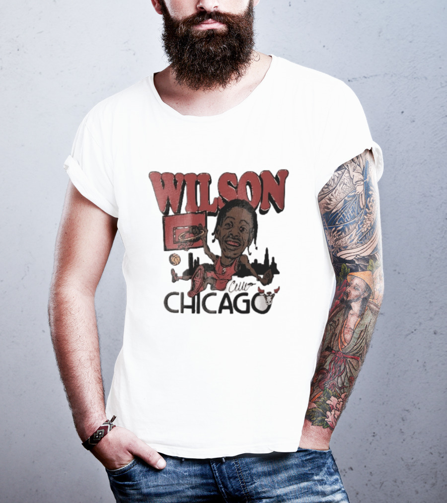 Chicago Bulls Wilson Cartoon Caricature Dunking City Skyline T-Shirt