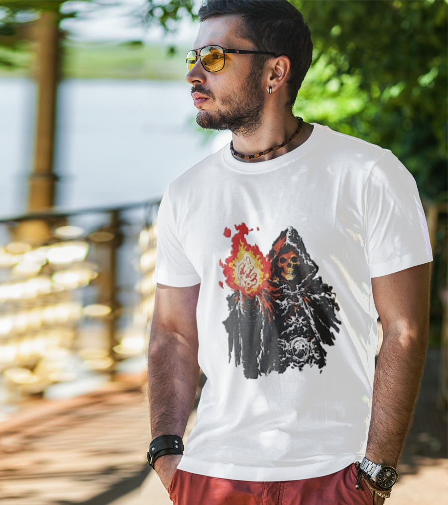 Hooded Skeleton Sorcerer With Glowing Red Fireball T-Shirt