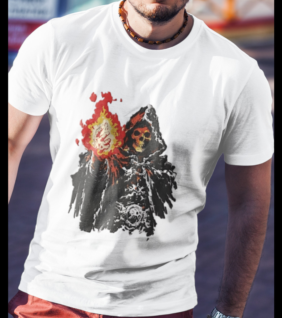 Hooded Skeleton Sorcerer With Glowing Red Fireball T-Shirt