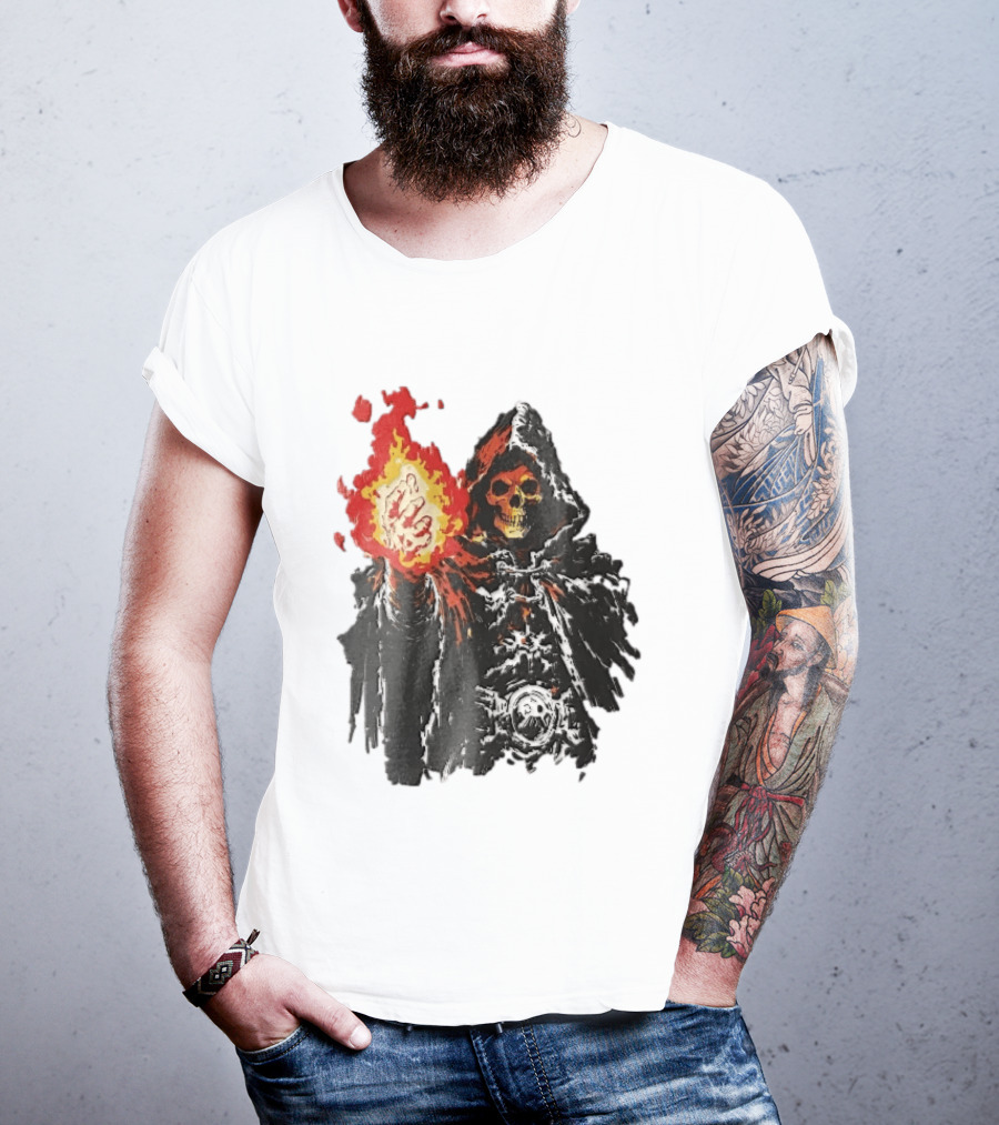 Hooded Skeleton Sorcerer With Glowing Red Fireball T-Shirt