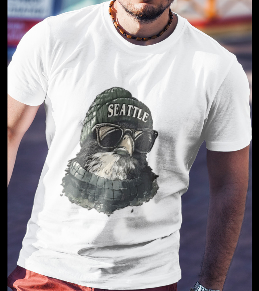 Seattle Beanie Hawk Cartoon With Sunglasses And Scarf T-Shirt