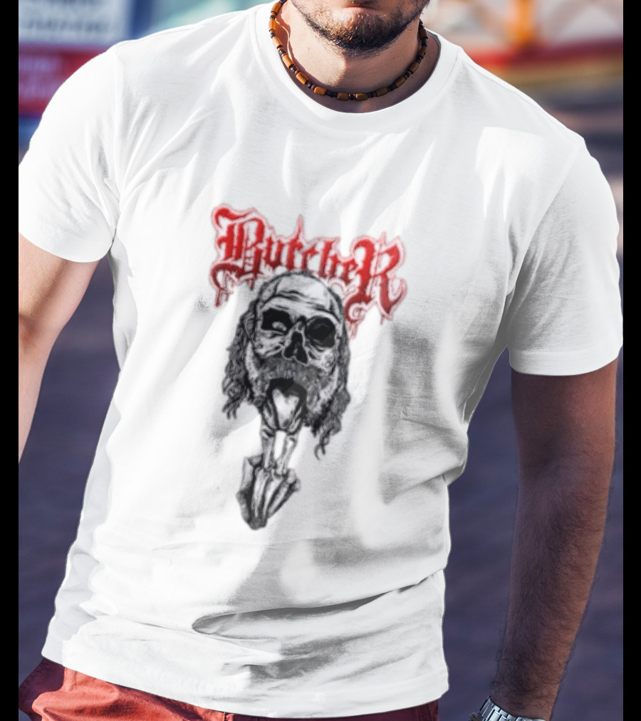 Butcher Skull With Gothic Red Text And Grim T-Shirt