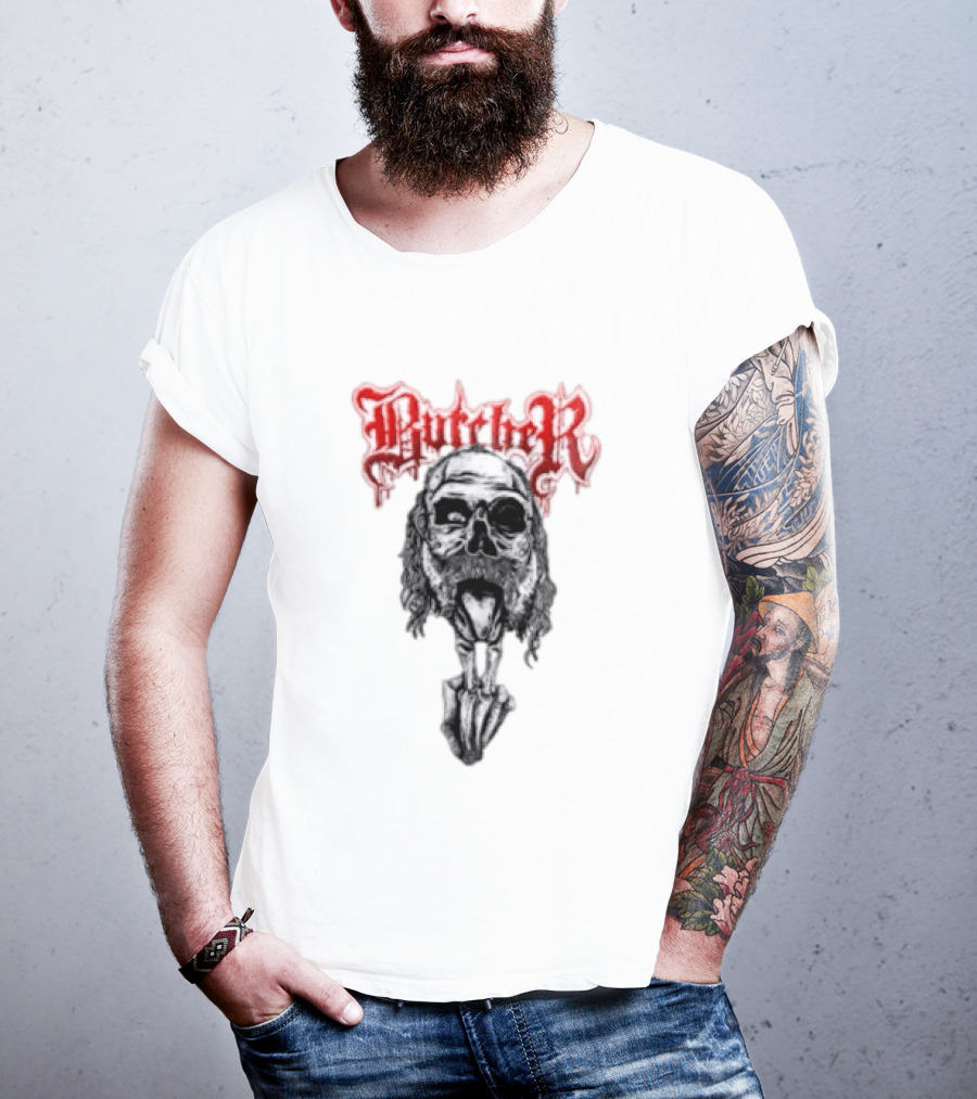 Butcher Skull With Gothic Red Text And Grim T-Shirt