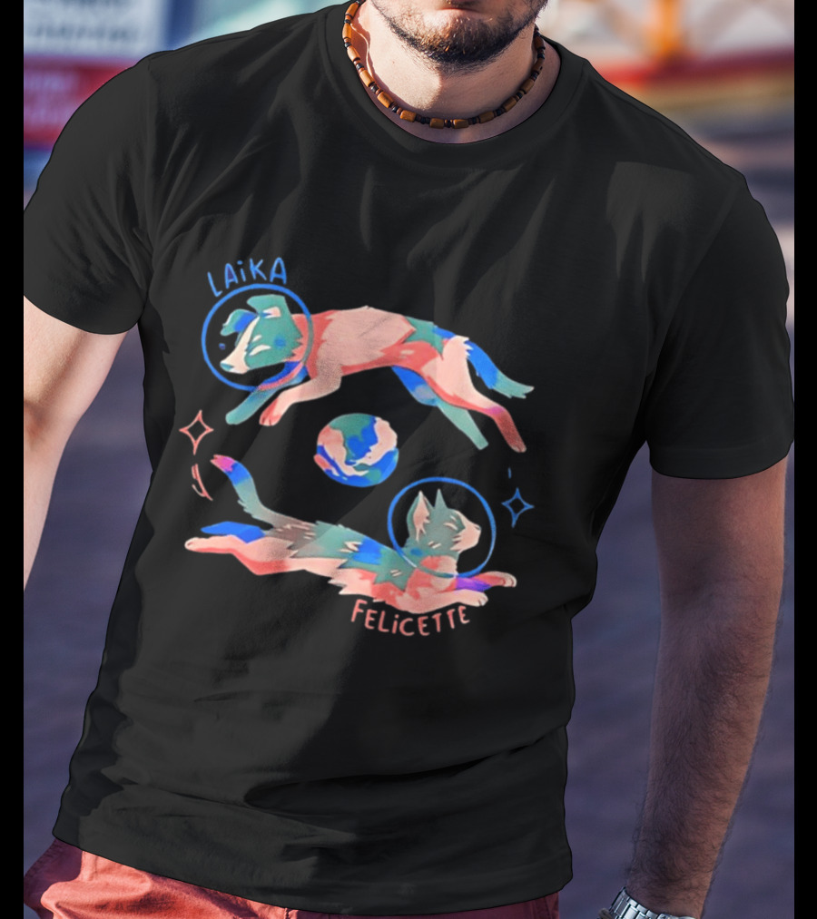 Felicette Cat And Laika Dog Celestial Orbit With Earth And Stars T-Shirt