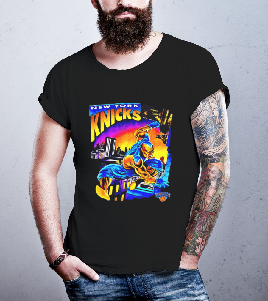 New York Knicks Superhero Action Skyline Scene T-Shirt