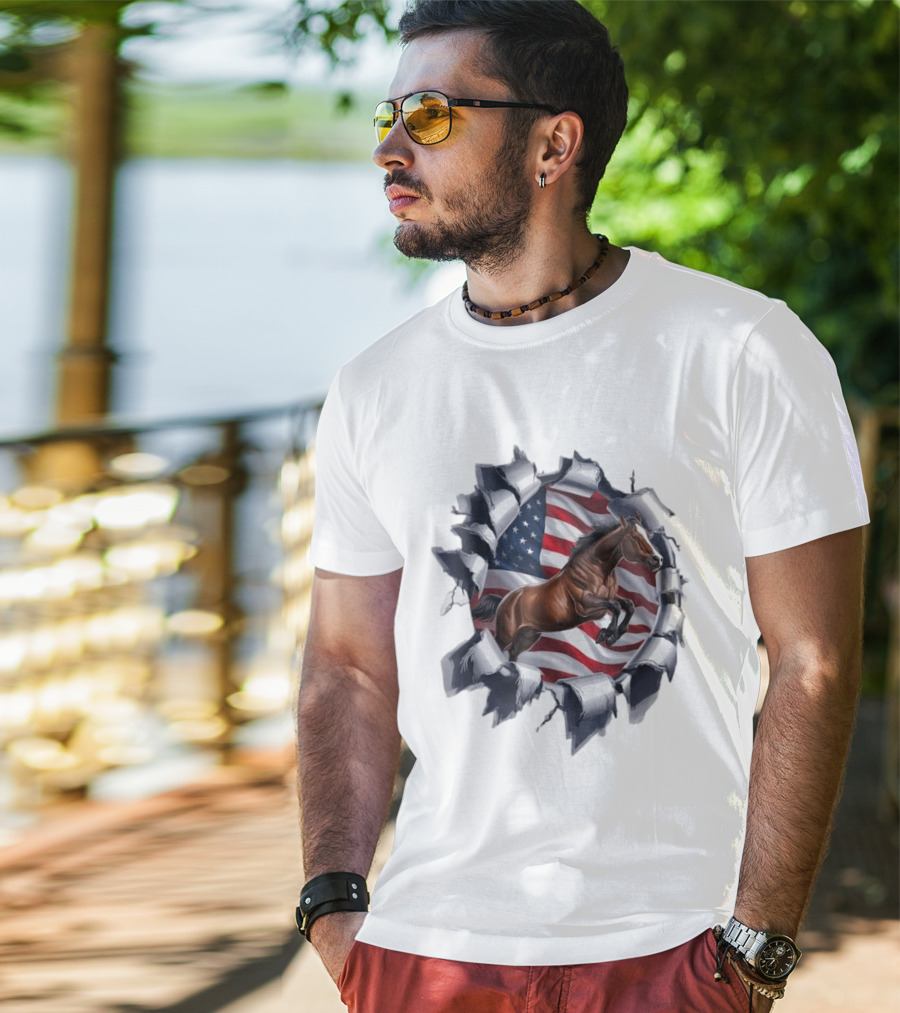 Escaping Horse With American Flag Background 3D Effect T-Shirt