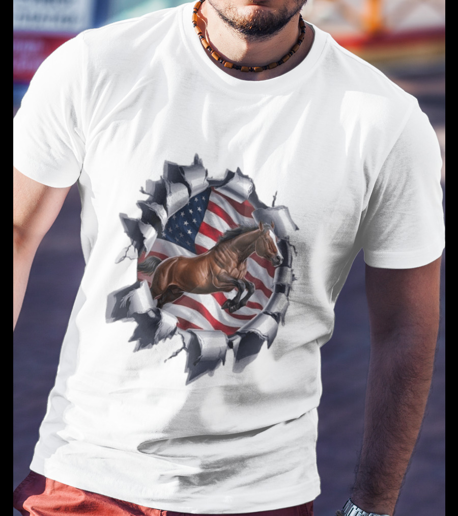 Escaping Horse With American Flag Background 3D Effect T-Shirt