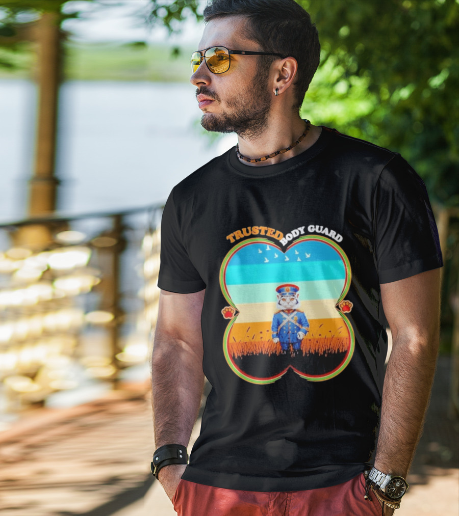 Trusted Body Guard Cat In Uniform With Sunset And Bird T-Shirt