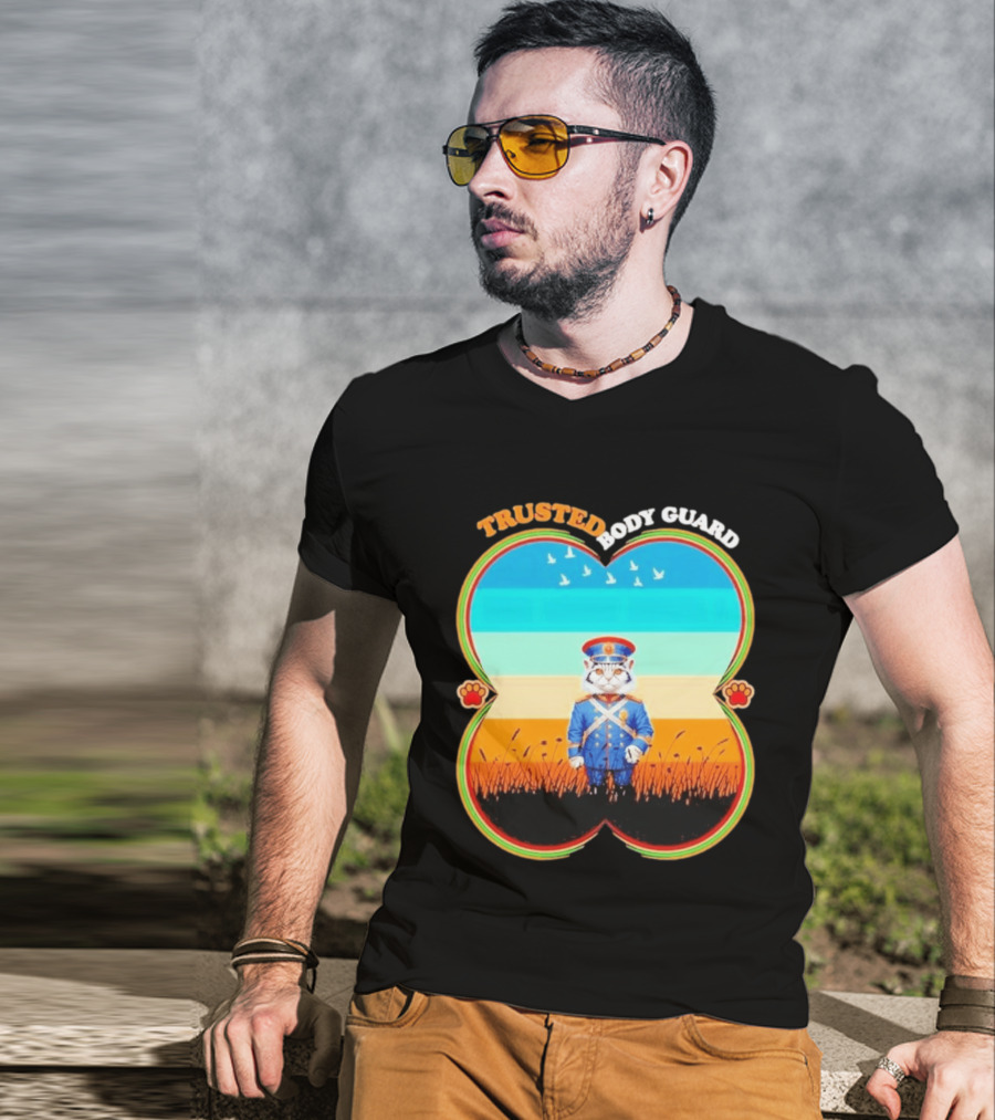 Trusted Body Guard Cat In Uniform With Sunset And Bird T-Shirt