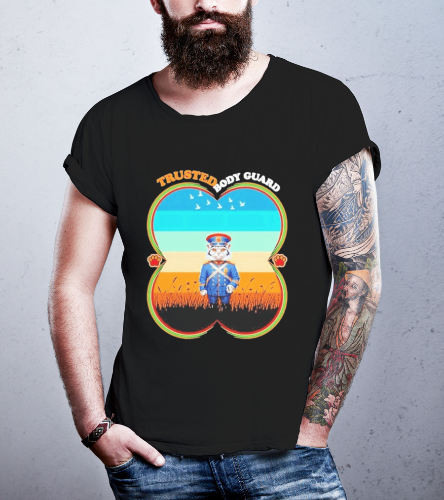 Trusted Body Guard Cat In Uniform With Sunset And Bird T-Shirt