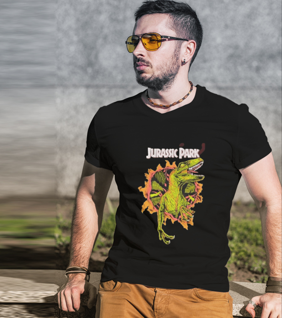 Velociraptor Jurassic Park Dinosaur Breaking Through Wall T-Shirt