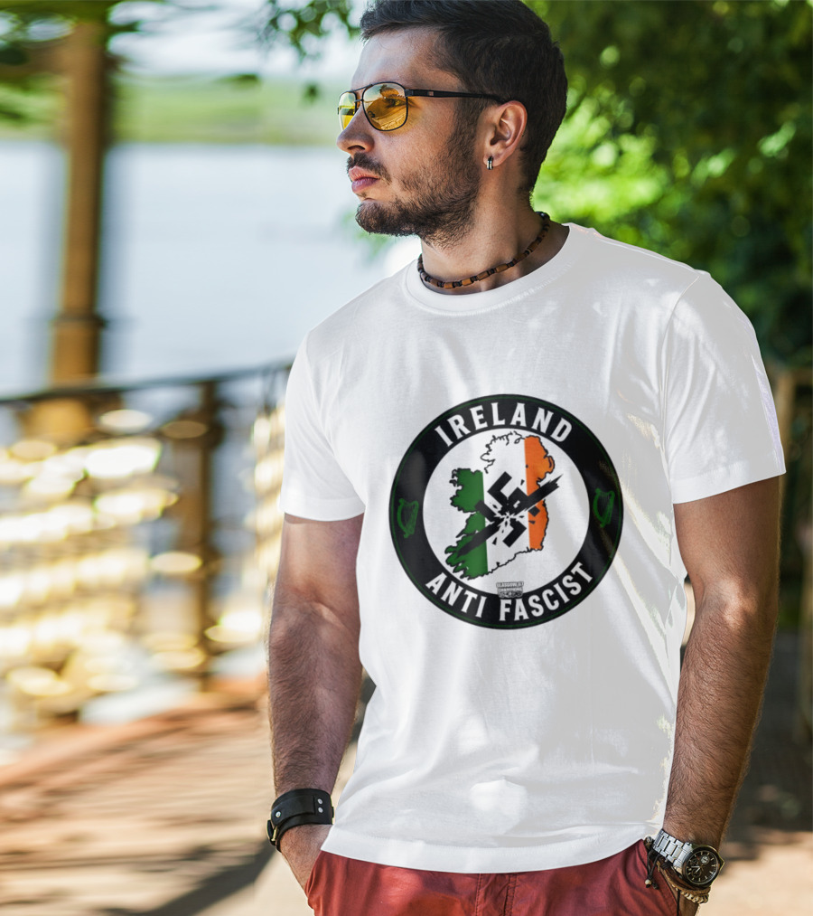 Ireland Anti Fascist Map Design With Tri Color Stripes And Crossed Out T-Shirt